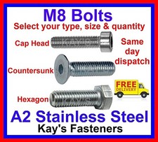 M8 Bolts Screws Countersunk Cap Hexagon 8mmØ A2 Stainless Steel Kays Fasteners