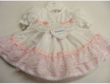Baby Girls Frilly Dress White & Pink Lace & Bows Traditional Romany *Small Fit*
