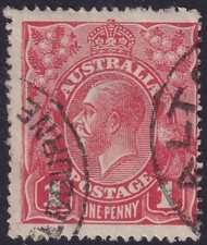 AUST KGV 1d RED SINGLE Wk. FLAW - DAMAGED LEFT FRAME. USED. (L594)