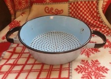 Vtg Strainer Pasta Metal Enamelled Blue Shabby Chic