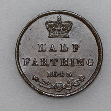 1843 VICTORIA YOUNG HEAD HALF FARTHING, BRITISH COPPER COIN, EF