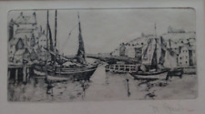 Old Original Etching Signed Town on the Bank of the River Castle, sale boats,