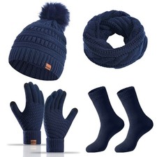 Hat Scarf and Gloves Set Ladies, Winter Beanie Hat for Women with Pom Pom Fleece