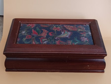Small Wooden  jewellery box with rich coloured fabric interior and mirror inside
