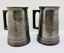 2 x Hoikee Swatow Chinese Dragon DGS Engraved Metal Tankards Clear Glass Bottom