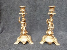 ANTIQUE FRENCH SPELTER GILT CANDLESTICKS PAIR CHERUBS ORNATE BY L.S.F. 900GRAMS