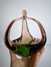 Vintage Murano? Czech? glass basket bowl dish vase midcentury decor green pink