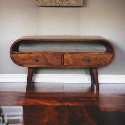 Rounded dark wood stand - tv, w/