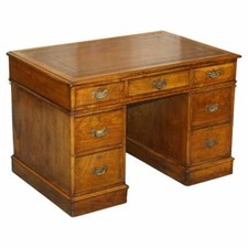 STUNNING RESTORED CIRCA 1800 GEORGIAN OAK & BROWN LEATHER PARTNERS PEDESTAL DESK