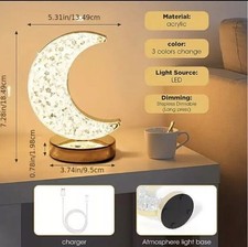 Table Lamp Crystal Night Light  Moon Shape USB Rechargeable Bedside Lamp Decor+