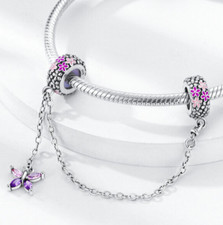 Crystal Pinl Flower Butterfly Safety Chain Spacer Charm Sterling Silver 925