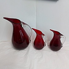 Set of 3 Vintage1960s Whitefriars Ruby Red Art Glass Sparrow Beak Jugs