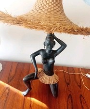 Stunning Large 1950S Nubian Lady Lamp Original Grass Skirt and Shade Very Rare
