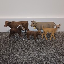 5 X Schleich Farm Animals Toy Figures - 2 Cows, 1 Calf, 1 Horse and 1 Young Deer