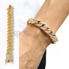 Men's Hip Hop Luxury Iced Out 18K Gold Plated Bling Chain Bracelet Cuff Jewelry
