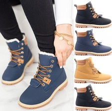 LADIES WOMENS FLAT FUR LINED GRIP SOLE WINTER ARMY COMBAT ANKLE BOOTS SHOES SIZE