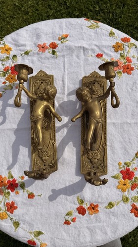 Pair vintage brass cherub - vintage,