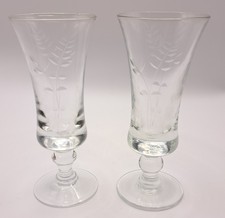 2 x Vintage Hand Blown Etched Pattern Sherry Port Shot Liquer Glass Knopped Stem