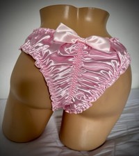 Hot Pink Sissy Liquid Satin Ruched Bow Panties Size XL 14-16  Frilly  Knickers