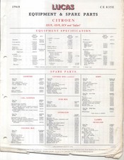 Citroen DS19 ID19 2CV 1960 Lucas Spare Parts List Single Sheet NOT ILLUSTRATED 