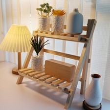 2-Tier Foldable Storage Rack Wooden Ladder Shelf Free-Standing for Home Decor UK