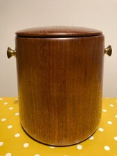Vintage ESA Denmark Teak Wood solid turned Ice bucket, lid and brass lugs mcm