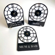 Bespoke Named Skeleton Arched Single Time Zone Clocks & Desk Stand - Many Colour