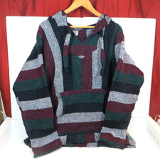 Elvis Baja Hoodie Pullover – Multicolor Striped Woven Kangaroo Pocket L/XL