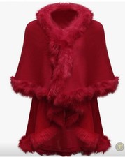 ZLYC Women's Fne Red Knit Open Front Faux Fur Trim Layers Poncho Cape New
