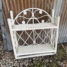 Woven White Wicker Rattan Shelf 2-Tier Boho Shabby Chic MCM Vtg Hanging W Towel