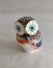Cloisonne Jewel Owl Trinket Box Figurine Figure - Metal Enamel Crystal Bird 3.5"