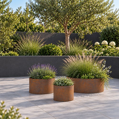 Rusty steel garden planters - rusty,