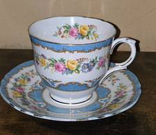 Crown Staffordshire Fine Bone China LYRIC TUNIS Blue Gold Gilt Cup And Saucer