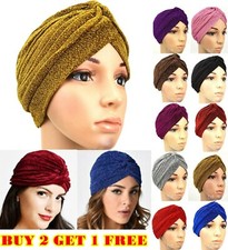 Shimmer Stretchy Turban Cap Beanie Headband Wrap Hat Hijab Plain Glitter Shinny