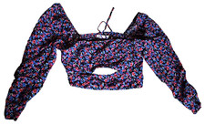 Zara Multi Floral Bardot Crop Top Balloon Sleeves Peep hole front Size L BNWOT