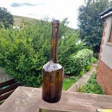 BROWN LIQUOR BOTTLE XIX c antique HAND BLOWN GLASS   1ft 
