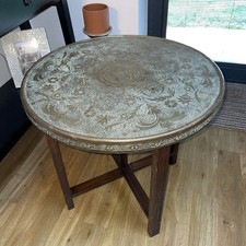 Vintage Moroccan  Round Brass Top Folding benares table Embossed Decoration 