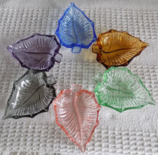 Vintage Mid Century Coloured Glass Snack Trinket Ashtrays Dishes Leaf Design X 6