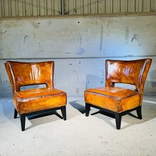 Pair of Vintage Andrew Martin Oversized Leather Chairs Hand-Dyed Light Tan #A261