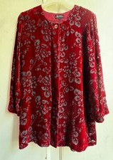 MONSOON Jacket Small Red & Black Velvet Floral Silk Blend Devoré Long Sleeves