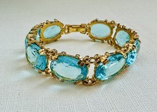 Vintage 1980s 22ct Gold Plated Crystal Gem Link Bracelet Aqua Victorian Revival