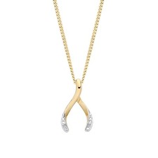 9ct Yellow Gold on Sterling Silver 925 Natural Diamond Wishbone Pendant Necklace