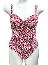 M&S Red Swimsuit White Crossover Pattern Swimming Costume Size 10 12 14 Reg Long