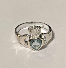Sterling Silver CLADDAGH RING CHILDS LADIES AQUA Blue CZ IRISH Love Size J 1/2