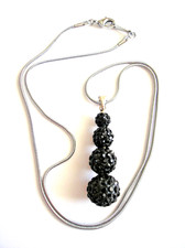 4 BLACK CRYSTAL SHAMBALLA BALLS NECKLACE ON SILVER PLATED SNAKE CHAIN 19 inch