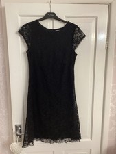 Black Floral Lace Dress Size 10 by Amaranto with Short Cap Sleeves Lined