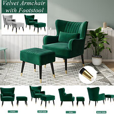 Modern Velvet Armchair with Footstool and Lumbar Pillow Wing Back Accent Chair