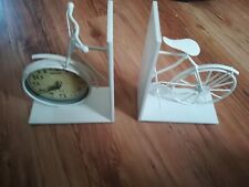 Metal cream bicycle bookends  with clock insert - NEW