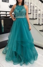 Teal/Green Beaded Long Prom