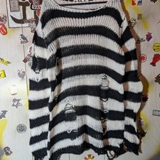 Goth Punk Rock Distressed Striped Pullover Jumper One Size
